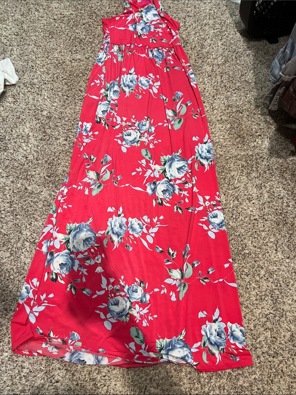 Bellamie Red Maxi Skirt with Blue Floral Print